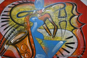 Jazz playing woman, oil on canvas